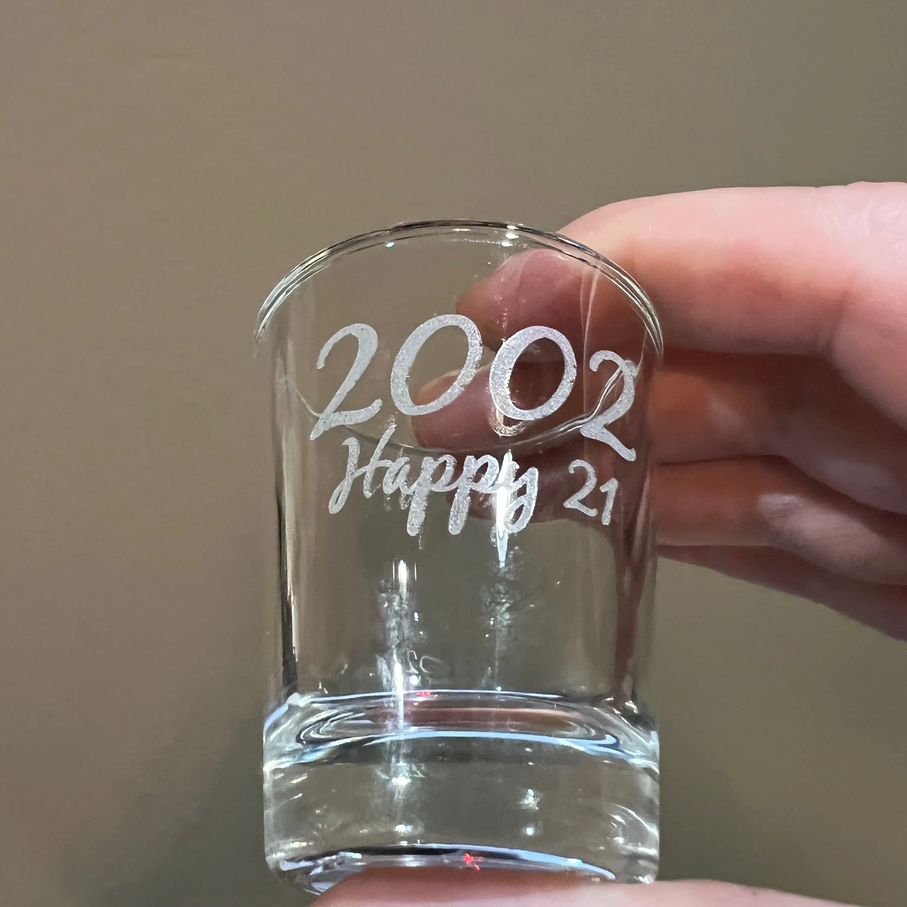 2oz Custom Personalized Happy 21 with your year Shotglass LASER