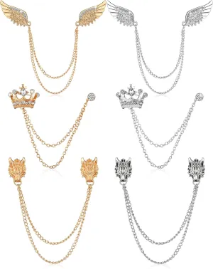 6 Pieces Tassel Chain Brooch Collar Pins Wedding Brooches Collar Pins Wings Wolf Head Crown Lapel Suit Shirt Tuxedo Accessories for Wedding Anniversary Halloween Birthday Party Office