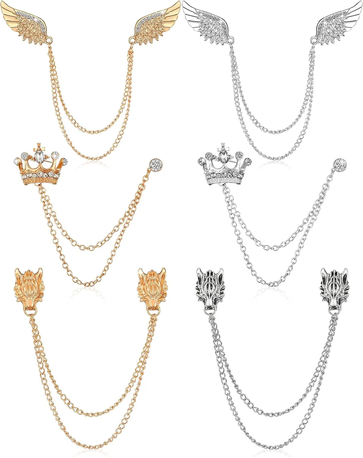 6 Pieces Tassel Chain Brooch Collar Pins Wedding Brooches Collar Pins Wings Wolf Head Crown Lapel Suit Shirt Tuxedo Accessories for Wedding Anniversary Halloween Birthday Party Office