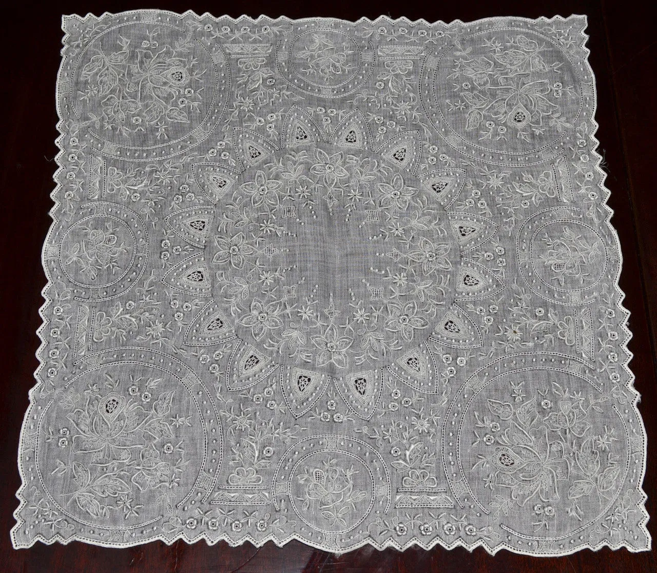 Appenzell Style Vintage Linen Handkerchief Unused Elaborate Embroidered Wedding Roses
