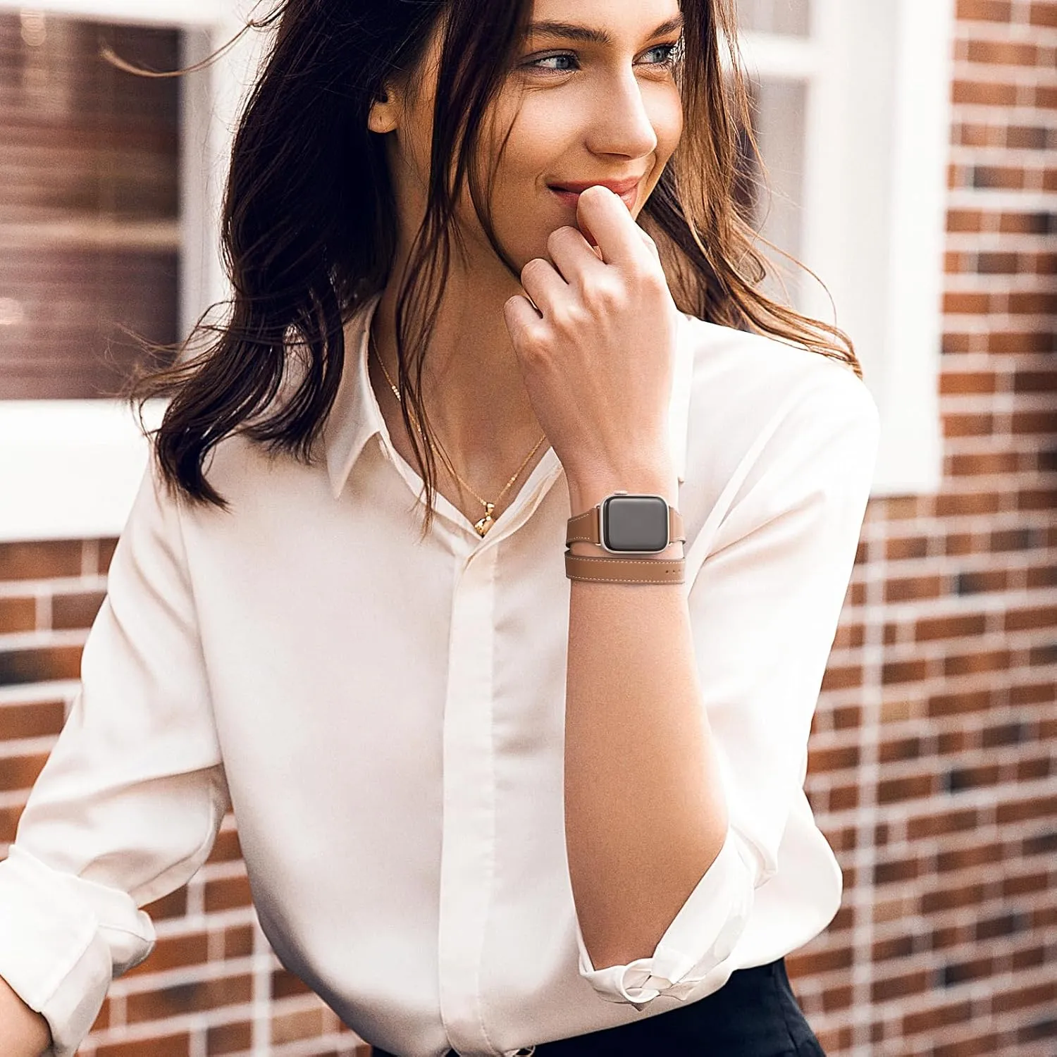 Bestig Bands Compatible with Apple Watch Band 40mm 41mm 38mm 42mm(Series 10) Women Men, Genuine Leather Double Tour Designed Slim Thin Strap for iWatch SE Series 9 8 7 6 5 4 3 2 1(Brown Starlight)