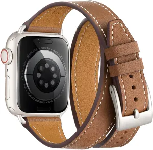 Bestig Bands Compatible with Apple Watch Band 40mm 41mm 38mm 42mm(Series 10) Women Men, Genuine Leather Double Tour Designed Slim Thin Strap for iWatch SE Series 9 8 7 6 5 4 3 2 1(Brown Starlight)