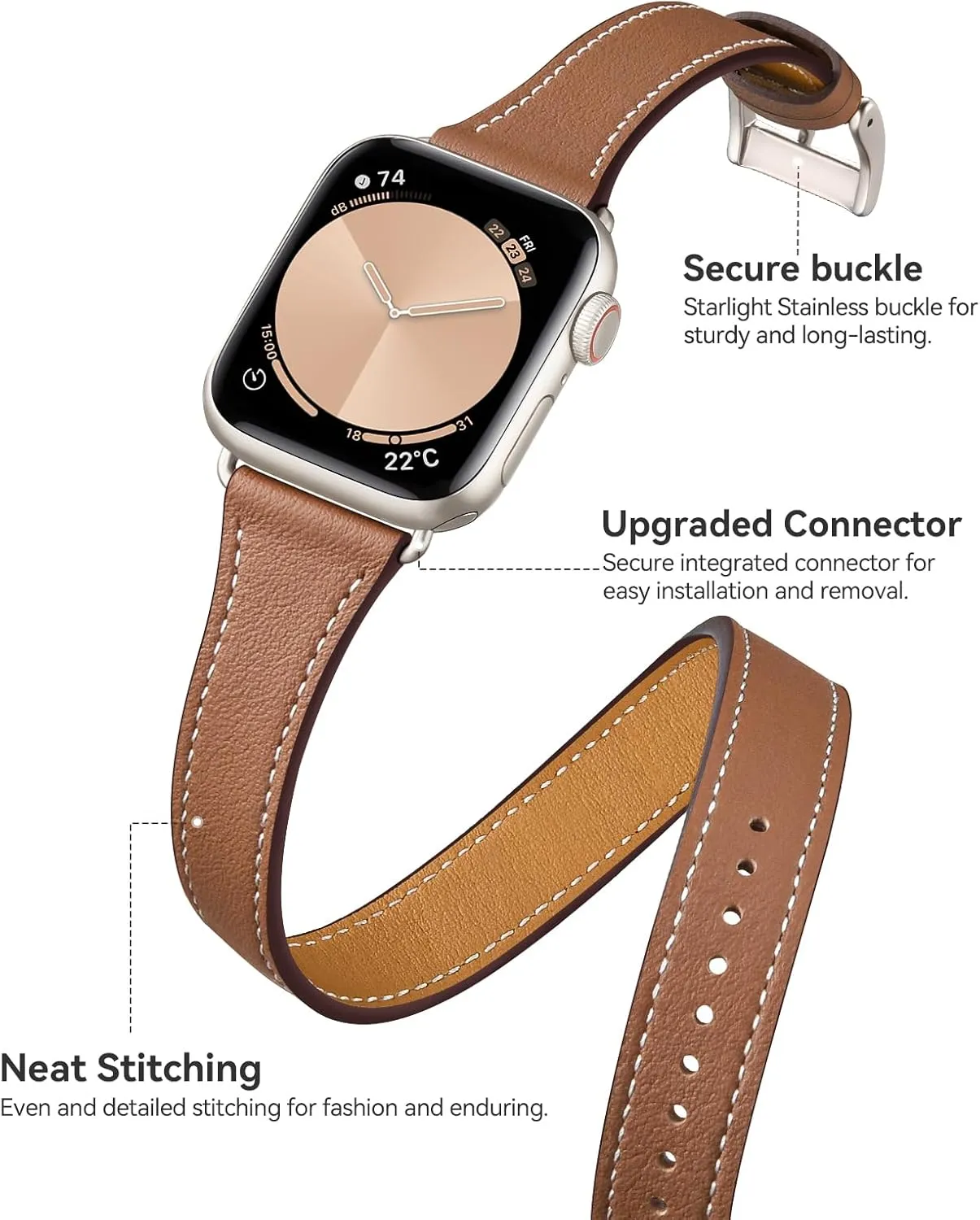 Bestig Bands Compatible with Apple Watch Band 40mm 41mm 38mm 42mm(Series 10) Women Men, Genuine Leather Double Tour Designed Slim Thin Strap for iWatch SE Series 9 8 7 6 5 4 3 2 1(Brown Starlight)