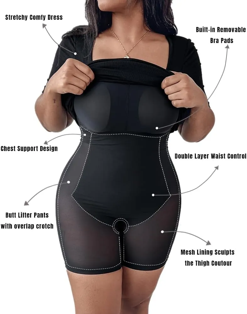 Built-in Removable Shapewear Bra Pad Bodycon Midi Dress Knitted Ribbed Square Neck Short Sleeve Basic Party Dresses