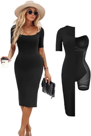 Built-in Removable Shapewear Bra Pad Bodycon Midi Dress Knitted Ribbed Square Neck Short Sleeve Basic Party Dresses