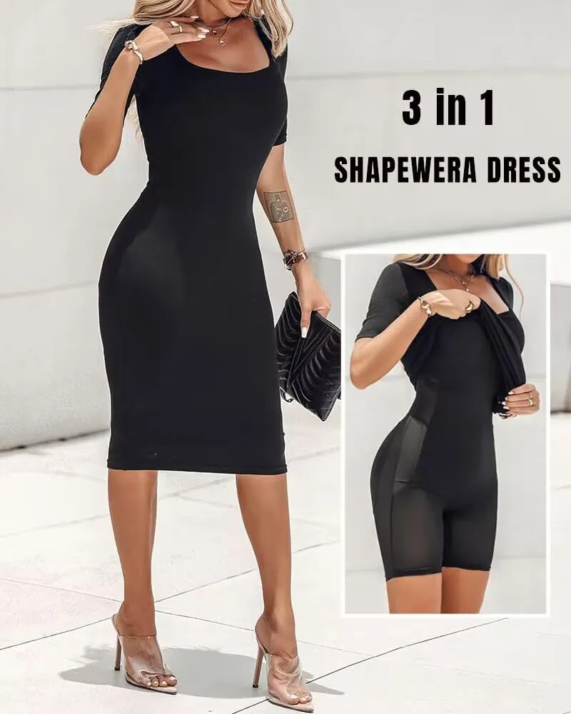 Built-in Removable Shapewear Bra Pad Bodycon Midi Dress Knitted Ribbed Square Neck Short Sleeve Basic Party Dresses