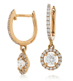 DIAMOND HALO DROP HOOP EARRINGS IN 18K ROSE GOLD