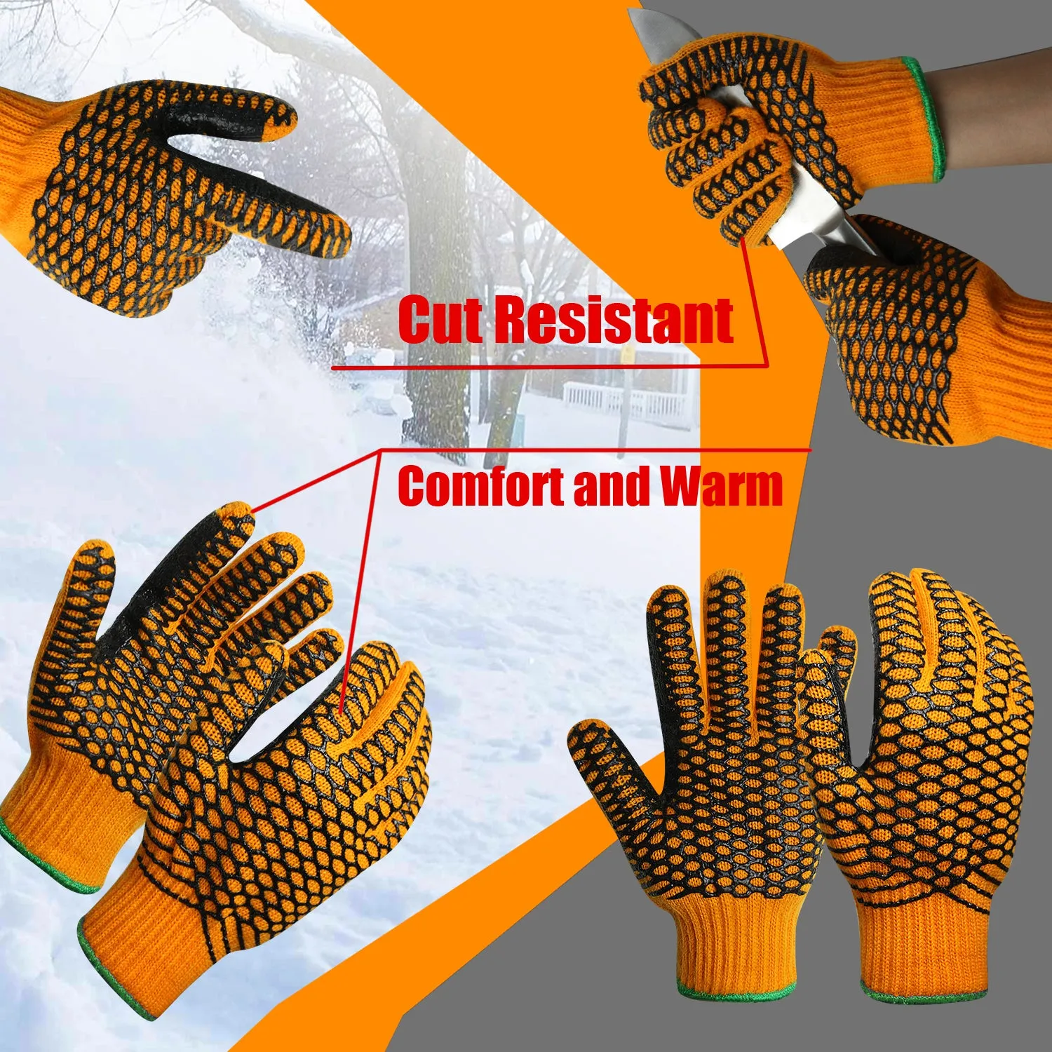 EvridWear Double Layer String Knit Work Gloves with Crisscross Honeycomb Grip Two Sides and Cozy Liner (Orange)