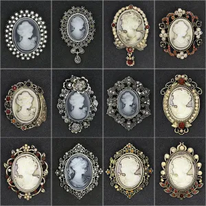 Factory Direct Sale Assorted Styles Crystal Rhinestones Cameo Vintage Brooch Pins for Women in Antique Gold / Silver Colors