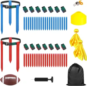 Flag Football Set, 42 Flags Belts with 14Player Adjustable Flag 6 Cones, Size 3 Football, Penalty Flag, Pump and Carry Bag for Kids