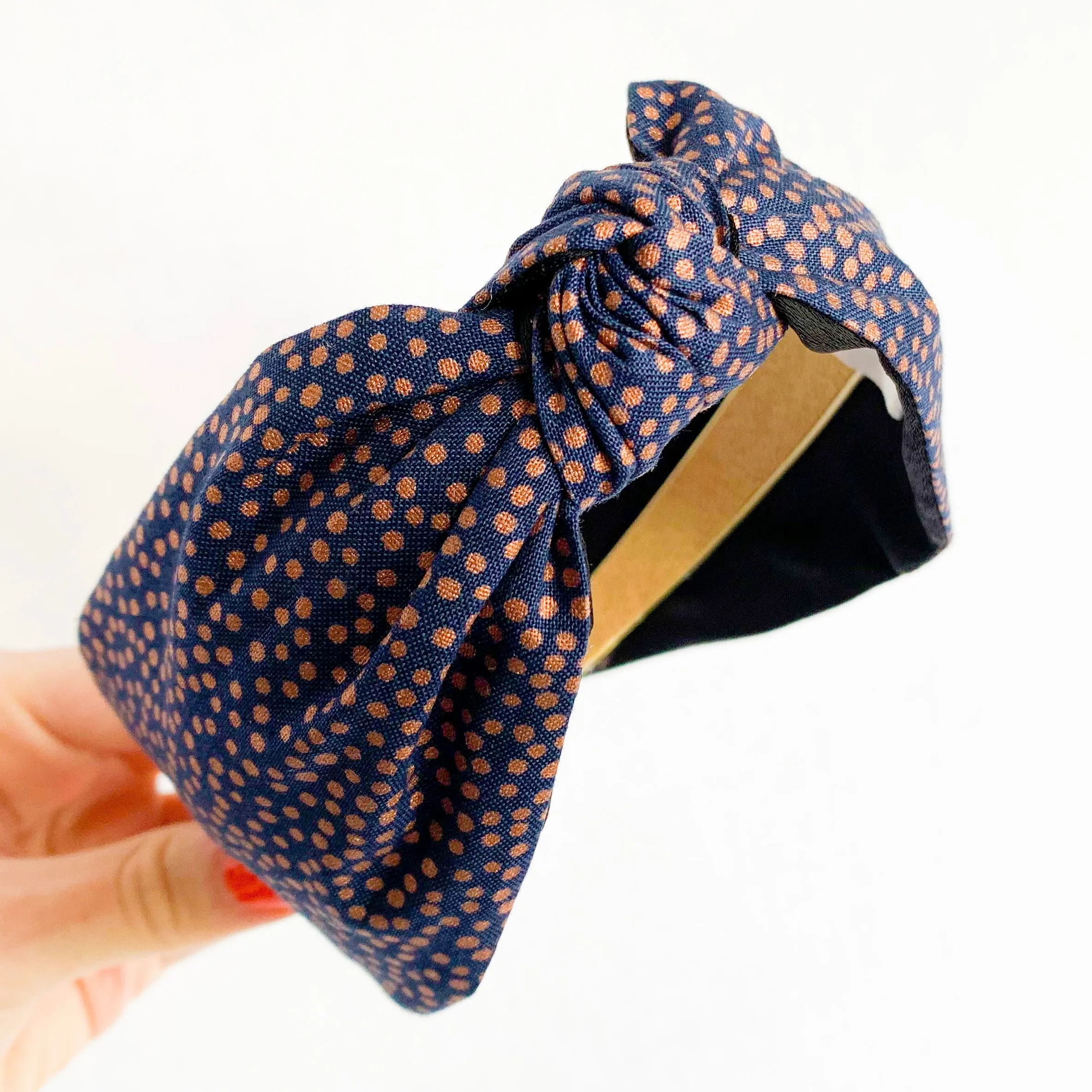 Navy Spot Satin Lined Knot Headband