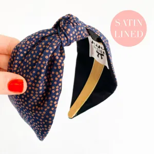 Navy Spot Satin Lined Knot Headband
