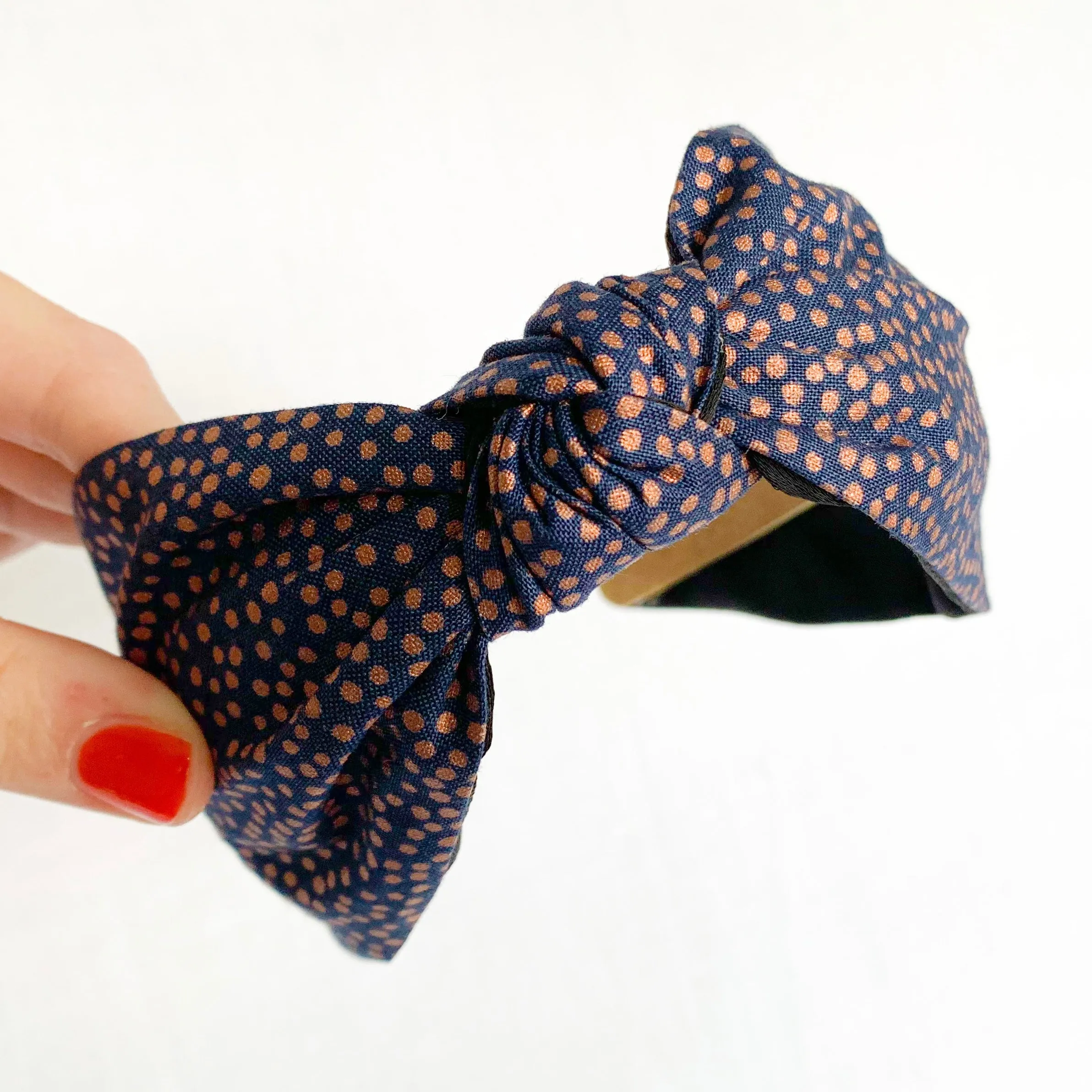 Navy Spot Satin Lined Knot Headband
