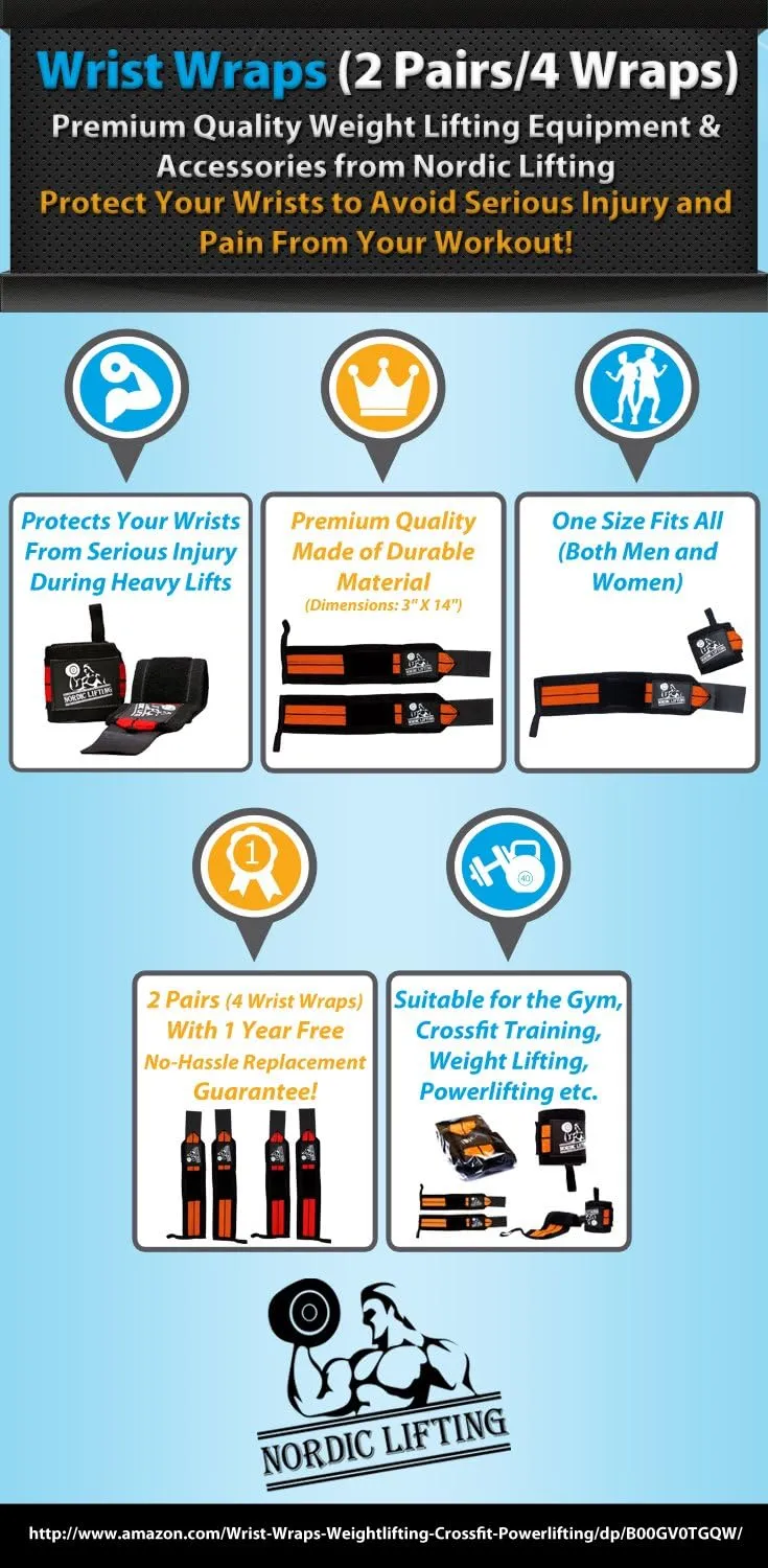 Nordic Lifting Wrist Wraps (2 Pairs/4 Wraps) 14" for Weightlifting | Cross Training | Powerlifting - for Women & Men - Improve Hand Strength & Support During Weight Lifting 1 Year Warranty