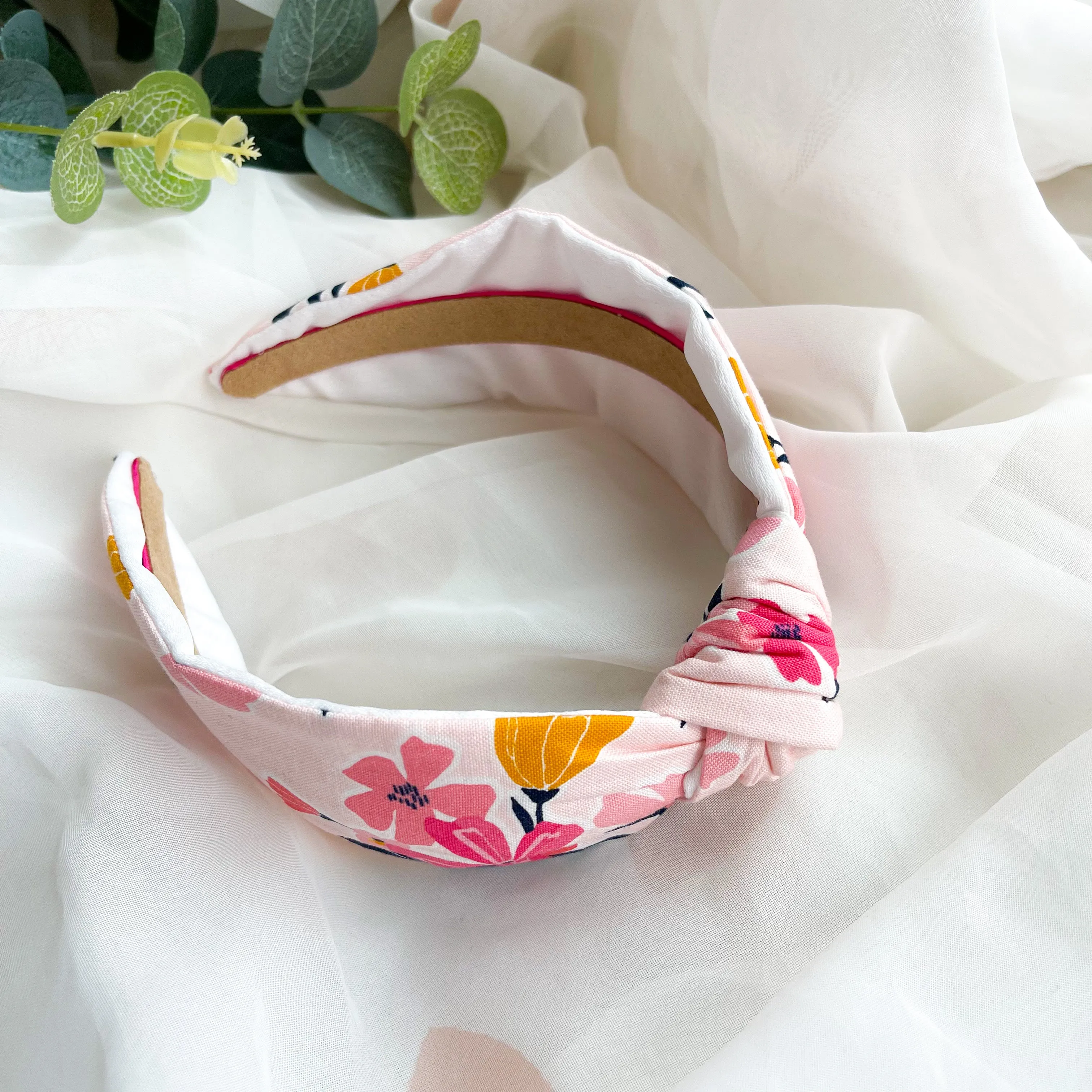 Pink Floral Satin Lined Knot Headband