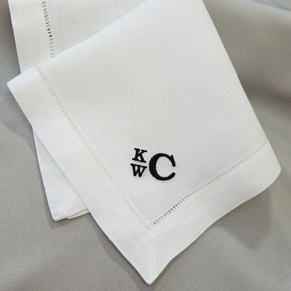 Premium White Linen Handkerchief Gift Set of 3 Monogrammed