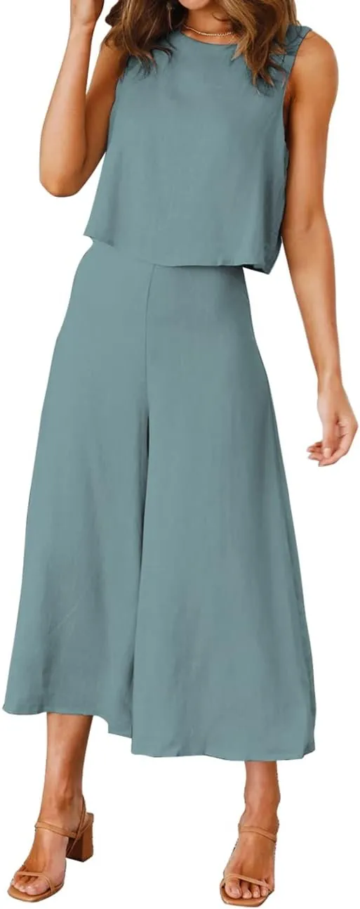 ROYLAMP Women's Summer 2 Piece Outfits Round Neck Crop Basic Top Cropped Wide Leg Pants Set Jumpsuits