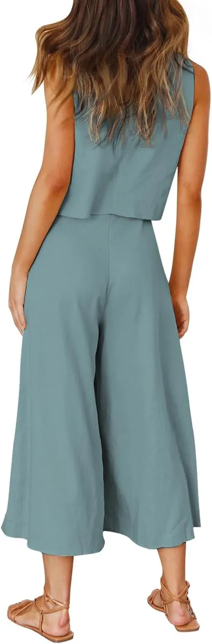 ROYLAMP Women's Summer 2 Piece Outfits Round Neck Crop Basic Top Cropped Wide Leg Pants Set Jumpsuits