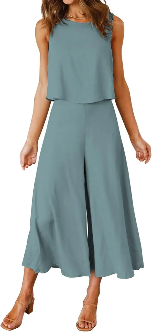 ROYLAMP Women's Summer 2 Piece Outfits Round Neck Crop Basic Top Cropped Wide Leg Pants Set Jumpsuits