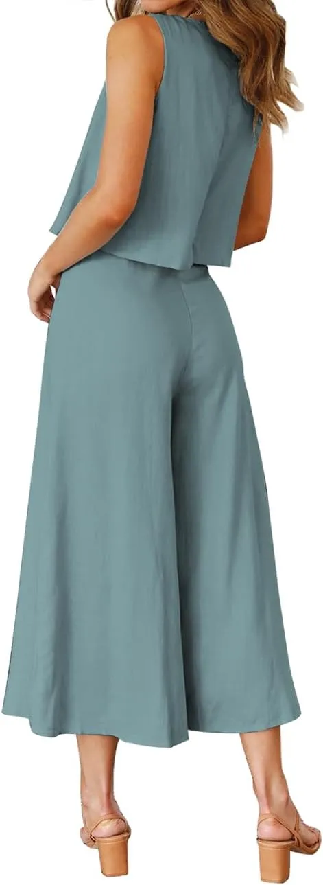 ROYLAMP Women's Summer 2 Piece Outfits Round Neck Crop Basic Top Cropped Wide Leg Pants Set Jumpsuits