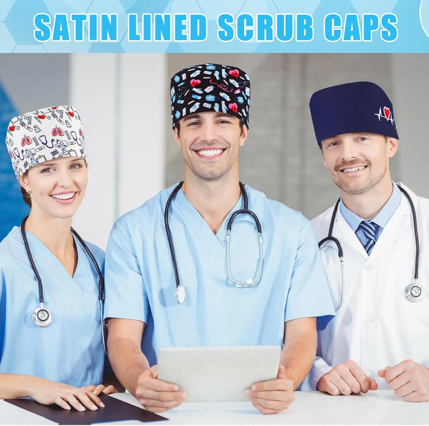 Satin Lined Scrub Caps Women Dental Nursing Hats Working Cap with Button and Sweatband Tie Back Hats