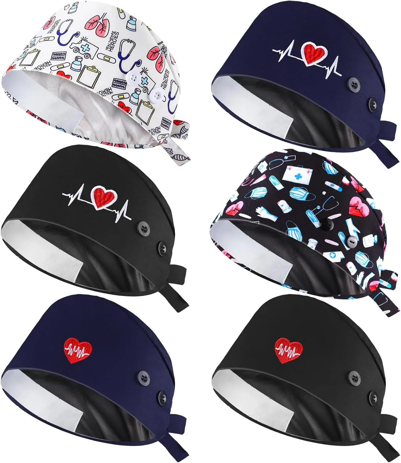 Satin Lined Scrub Caps Women Dental Nursing Hats Working Cap with Button and Sweatband Tie Back Hats