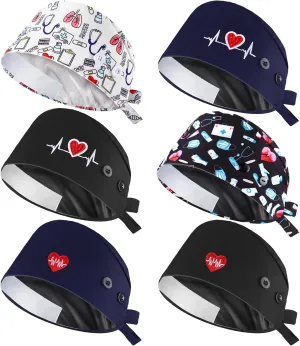 Satin Lined Scrub Caps Women Dental Nursing Hats Working Cap with Button and Sweatband Tie Back Hats