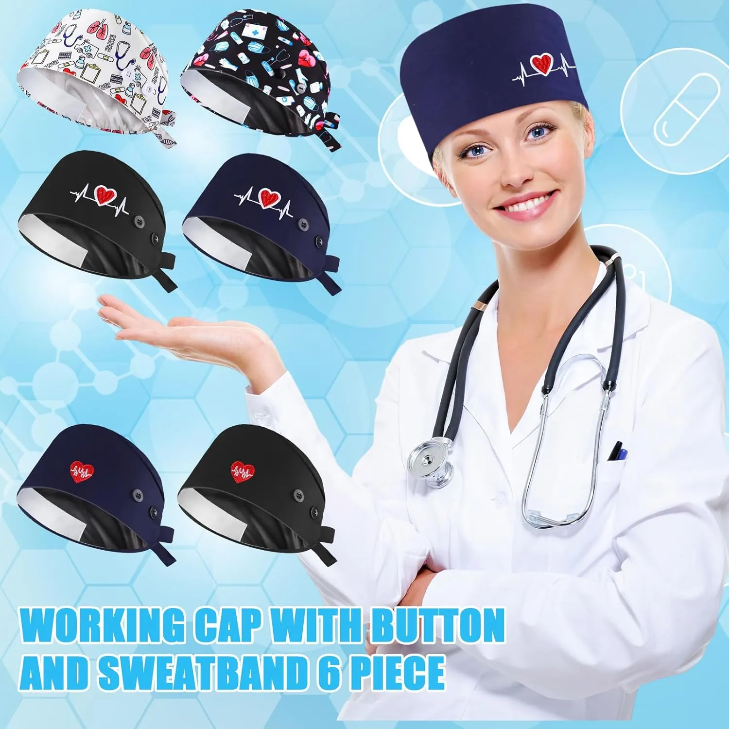 Satin Lined Scrub Caps Women Dental Nursing Hats Working Cap with Button and Sweatband Tie Back Hats
