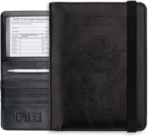 WALNEW Passport Holder Wallet, RFID Blocking Passport Cover Case PU leather Card Holder with Pen and Clear Card Slot for Women Men, Black