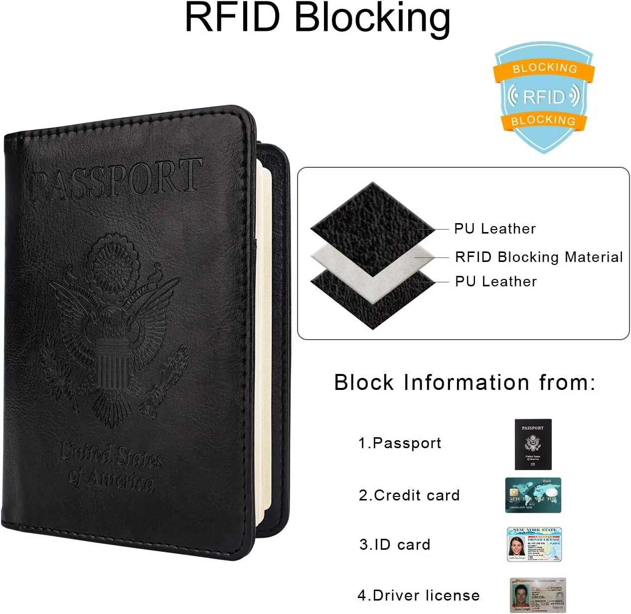 WALNEW Passport Holder Wallet, RFID Blocking Passport Cover Case PU leather Card Holder with Pen and Clear Card Slot for Women Men, Black