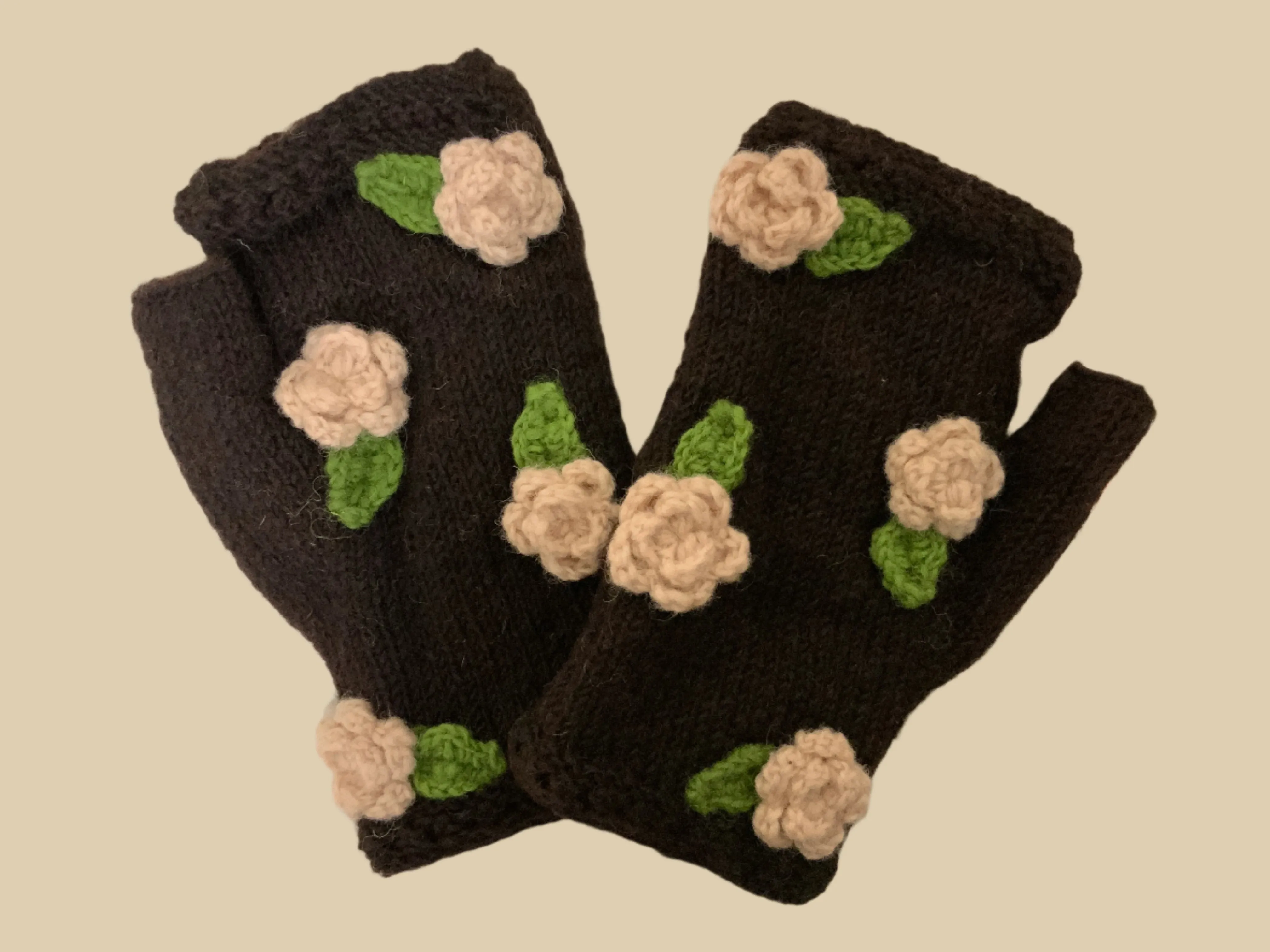 Wool Lined Gloves with Raised Crochet Flowers by Yak N Yeti G-589